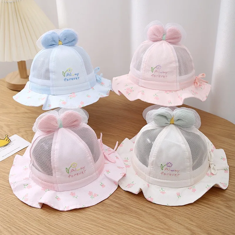 Baby hat - Spring new style - Girls' fisherman hat for young babies - Small age - Bow-shaped brimmed hat - Cute baby sun protect