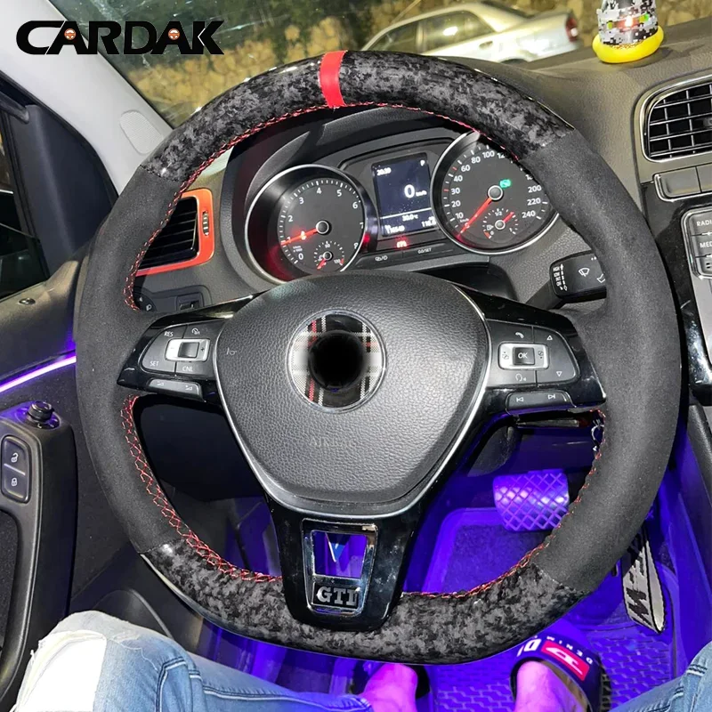 CARDAK Black Suede Forged Carbon Car Steering Wheel Cover For Volkswagen Golf Mk7 VW New Polo Jetta Passat B8