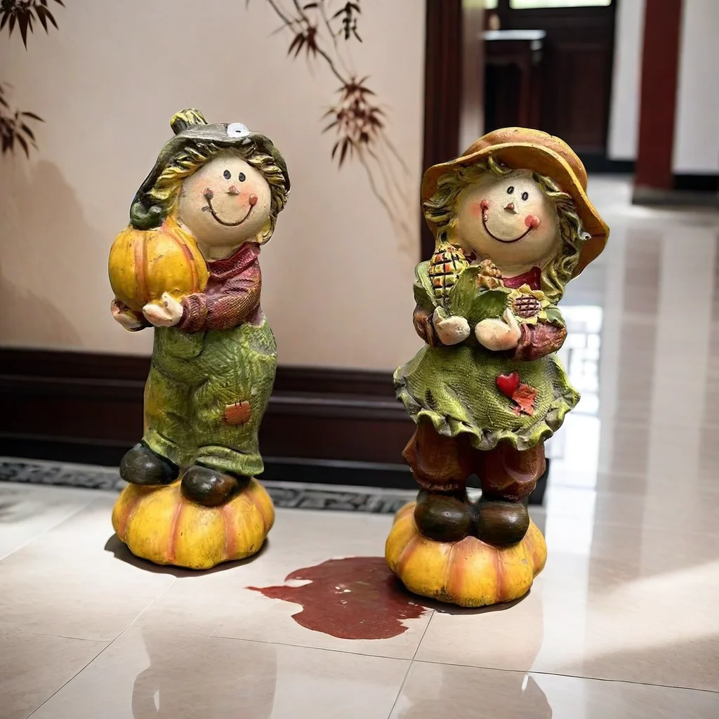 American Rural Scarecrow Harvest Festival Holding Pumpkin Corn Children Tabletop Doll Ornaments Resin Crafts