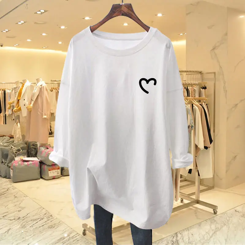 Spring Autumn O-neck Long Sleeve All-match Basic T-shirt Women Fashion Pure Cotton Solid Top Tee Loose Chic Pullover 35-100Kg