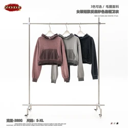 ZODF New Autumn Women Washed Crop Hoodies Female Girls Solid 380gsm Cotton Short Hooded Coats Streetwears HY0942