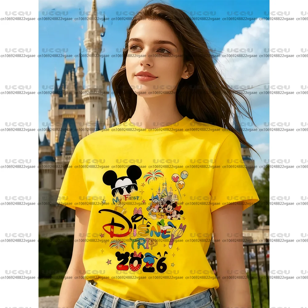 ديزني Y2k ملابس النساء الأسرة عطلة هدية زوجين ديزني لاند الفتيات تي شيرت المحملة 2026 القطن ميكي السنة الجديدة عيد الميلاد رحلة علوية #6