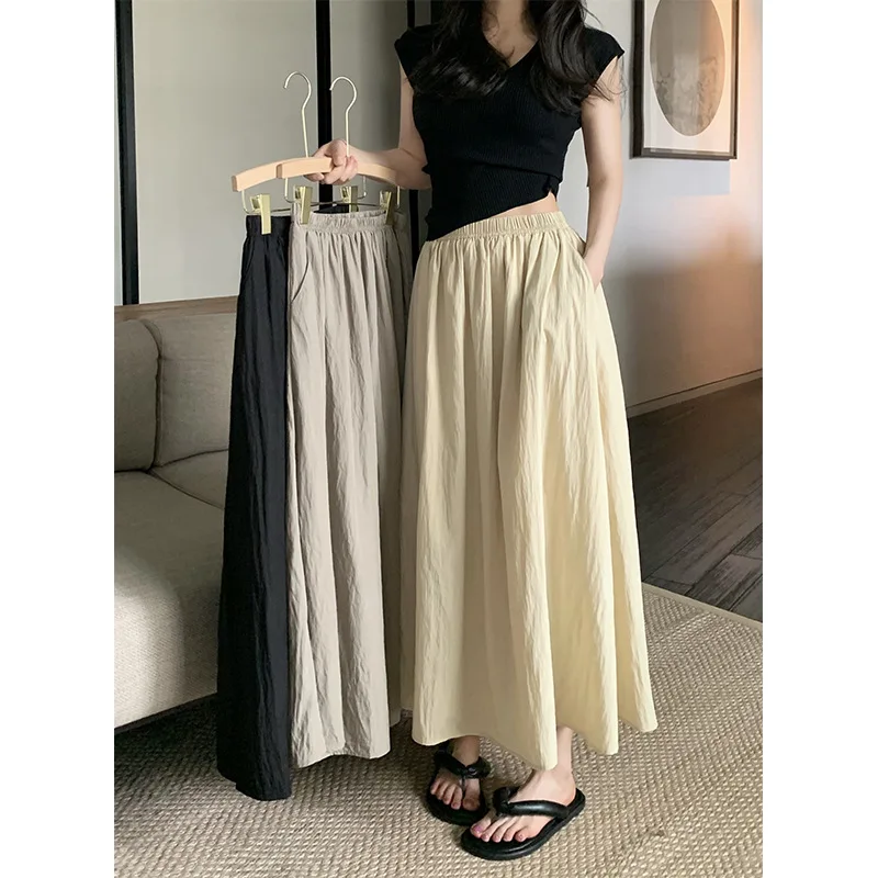 Student Summer Slimming Elastic Waist Half-length Skirt Women Girls Pleated Skirt Ladies Casual A-line Skirt Lady Flared Skirt
