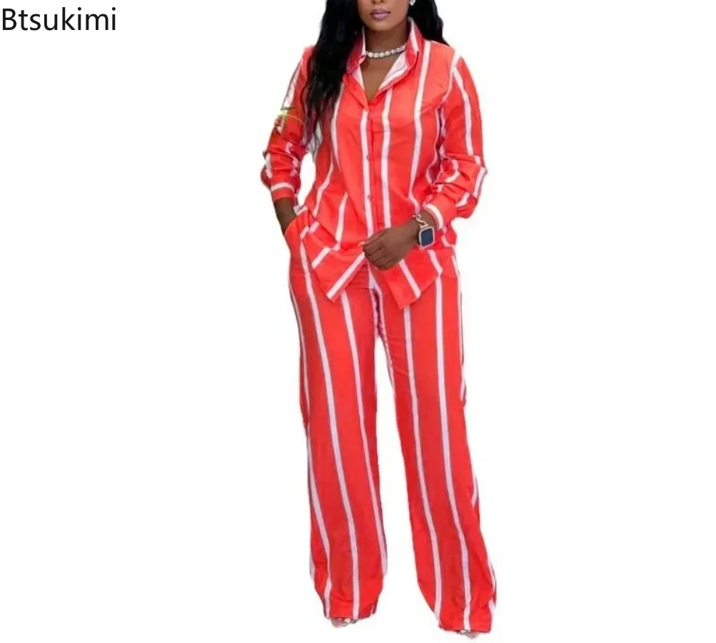 Fashion Elegant Two Piece Set Women's Striped Print Long Sleeve Lapel Button Shirts and Pants Casual Suit Ladies African Clothes
