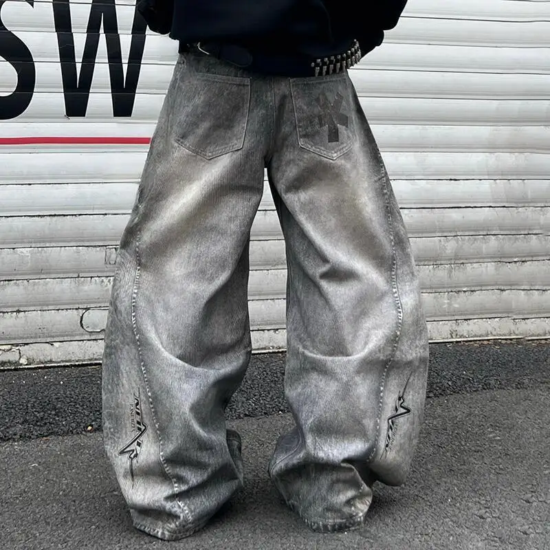 MWJLPWQ Niszowe, postarzane dżinsy z nadrukiem, długie spodnie męskie, styl high street, sprane, unisex, unikalne, szerokie, baggy jeansy z motywem machety, jesień 2025, 12440