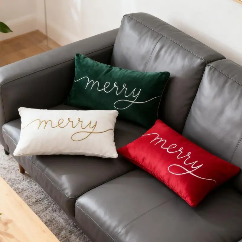 

Merry Christmas Embroidery Pillow Cover 30x50cm Long Lumbar Letter Pillowcase Decor Throw Pillow Cover Party Sofa Cushion Cover