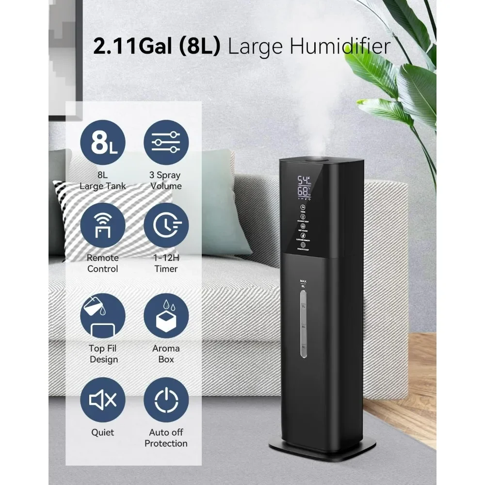 Humidifiers for Bedroom, 2.11Gal 8L Quiet Humidifiers for Large Room with Timer,3 Speed Ultrasonic Cool Mist Humidifier