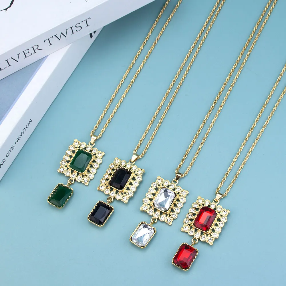 Sunspicems New Aquare Crystal Women Pendant Necklace Gold Color Arabic Chain Hollow Moroccan Head Jewelry Children Party Jewels