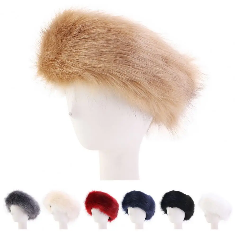 Elastic Weather Cap Soft Fluffy Faux Fur Headband Cozy Winter Earwarmer for Women Elastic Anti-slip Ski Hat with Thick Warmth