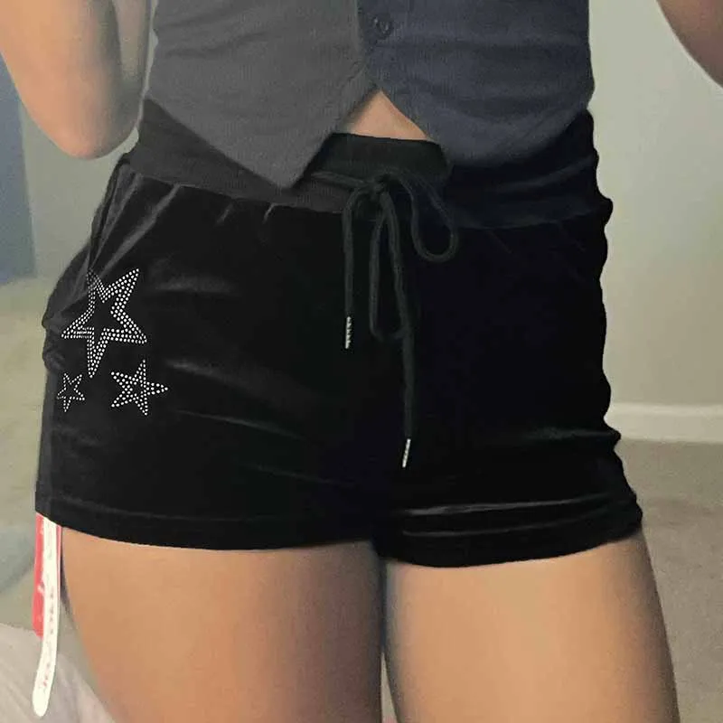 BKQU Velvet Y2k Shorts Women Star Rhinestone Black Drawstring Casual Shorts Low Waist Elastic Spicy Girl 2025 Fashion Streetwear