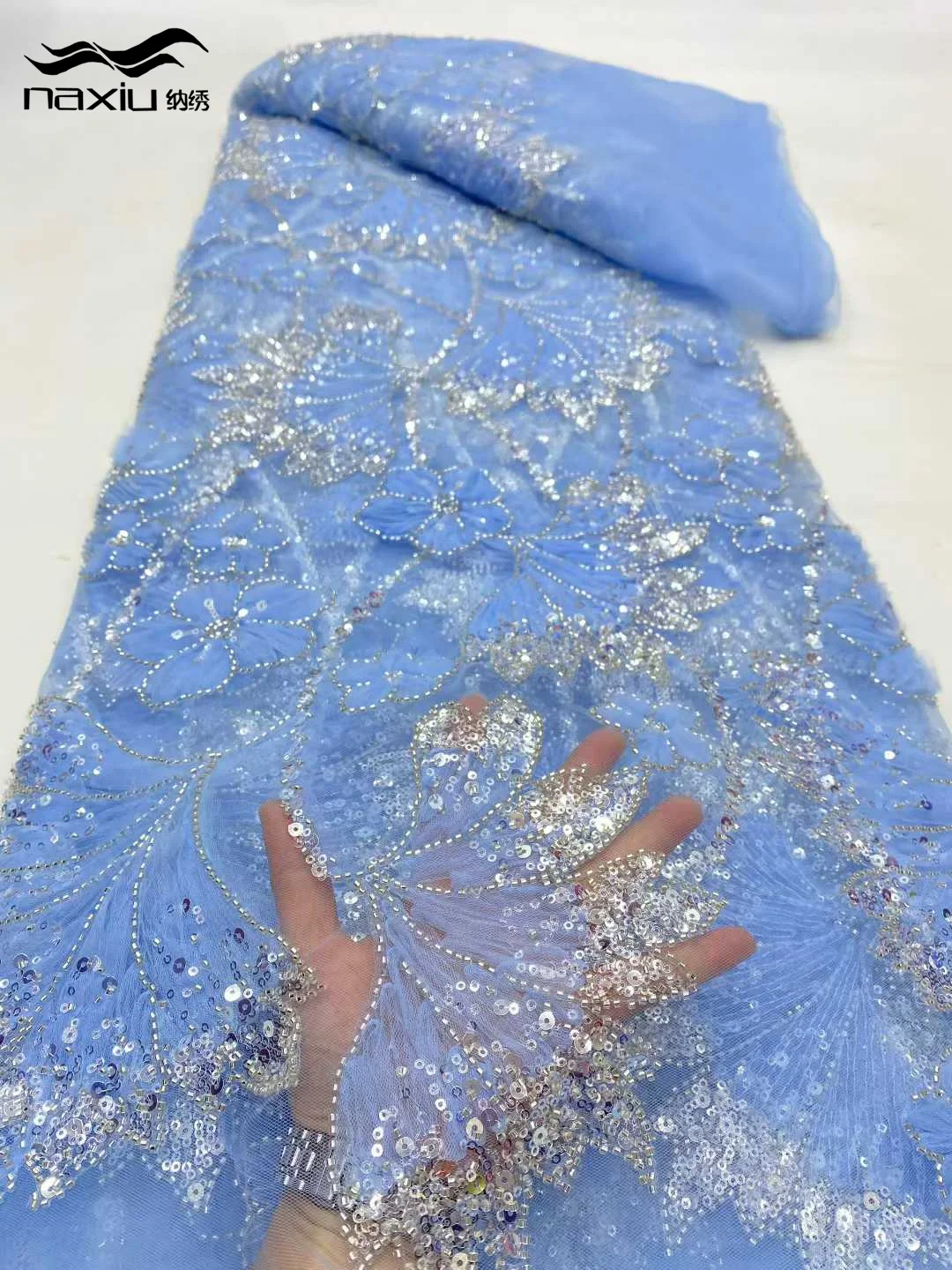 Madison Pink 5 Yards High-end Beaded Fabric Latest African Luxury Sequins Groom Embroidery Fabric French Tulle Lace For Sewing