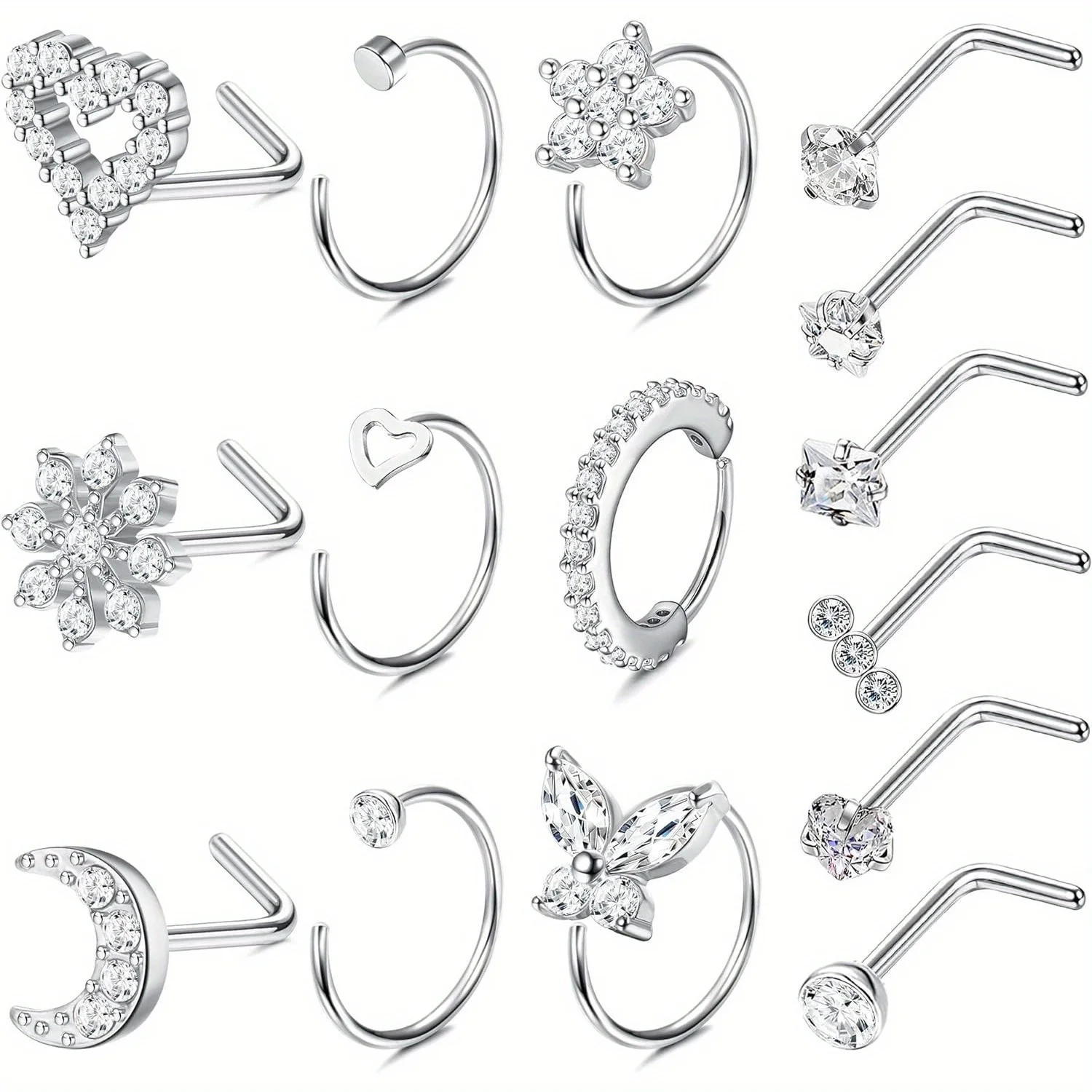 Drperfect 1Pc Surgical Steel Nose Ring Hoops Studs Heart Flower L Shaped Nose Piercing Jewelry