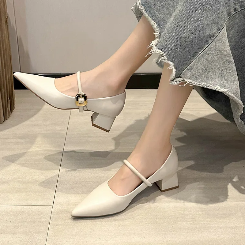 Comemore Retro Pumps Single Shoes New Fashion Pointed Toe Middle Heel Mary Jane Women's Shoes Thick Heel Belt Buckle Heels Women