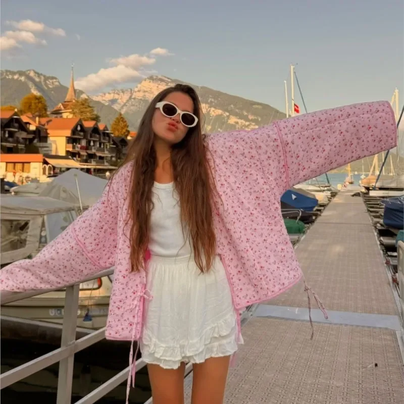 Lace Up Loose Casual Japanese Cardigan Cotton-Padded Coats Women Warm Outwear Floral Print Cotton Jacket Padded Coat