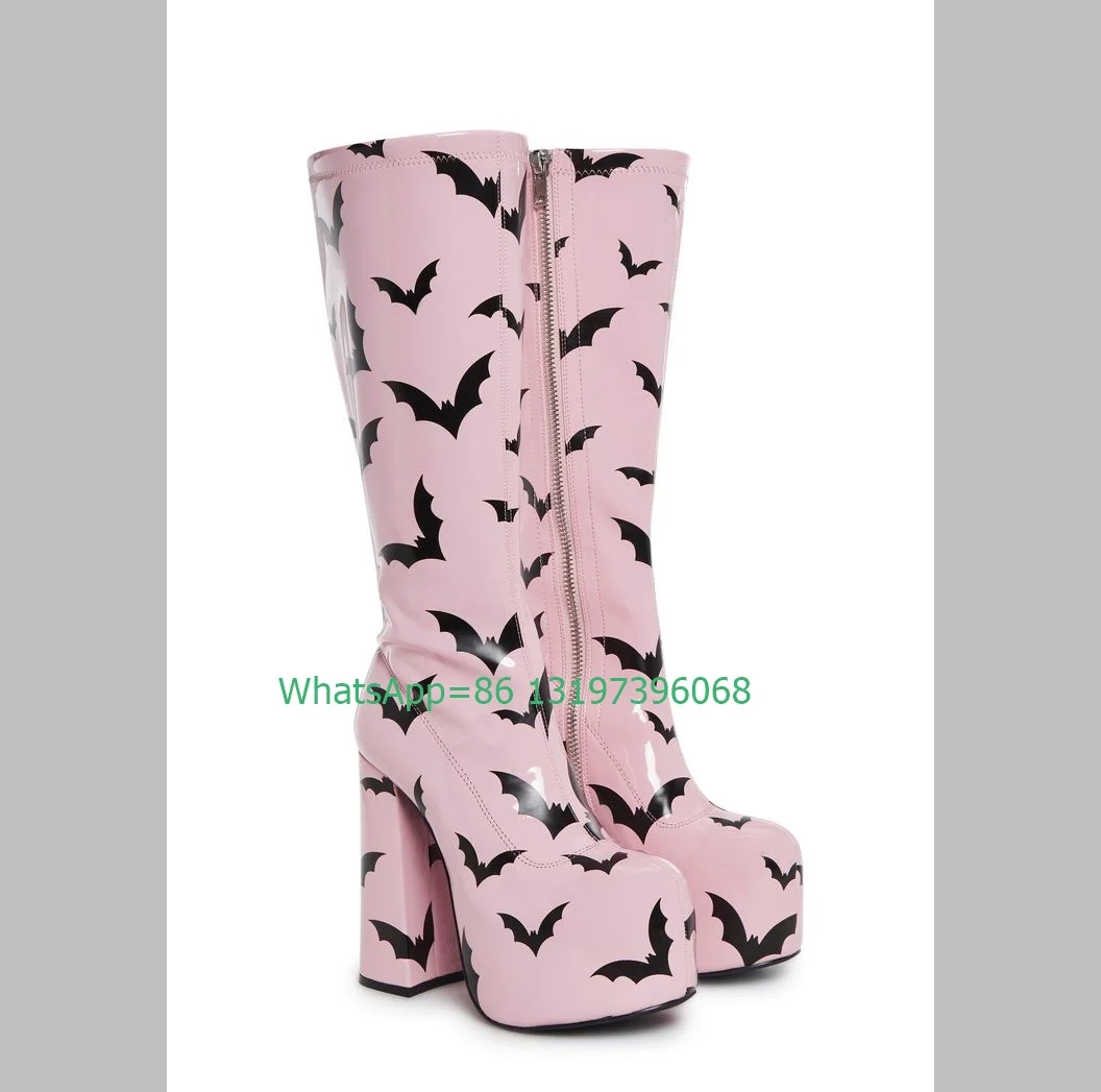 Lady Pink Printed Design Platform Knee Boots Chunky Heel Zipper Daily Causal Boots Footwear Y2K Style Runway Boots Size 33-46