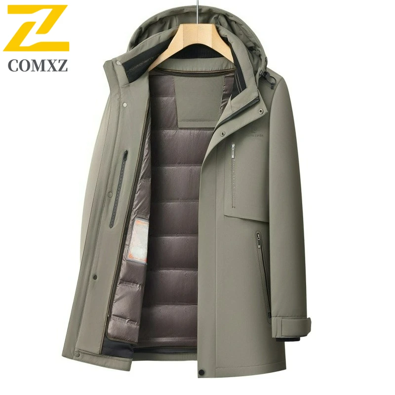 COMXZ Brand Winter Luxury Down Jacket Men Detachable White Duck Down Lined Warm Parka 2025 Casual Cold-proof Trench Coat Puffer