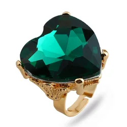 Luxury Exaggerated Red Heart Shaped Crystal Chunky Big Deep Green Glass Adjustable Rings for Women Men Party Jewelry