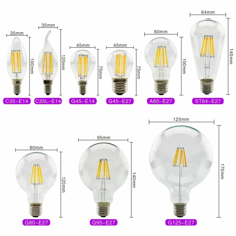 Bombilla LED Retro Edison E14 E27 AC 220V 2W 4W 6W 8W lámpara de cristal Vintage C35 G45 A60 ST64 G80 G95 G125 luz de filamento Led decoración del hogar