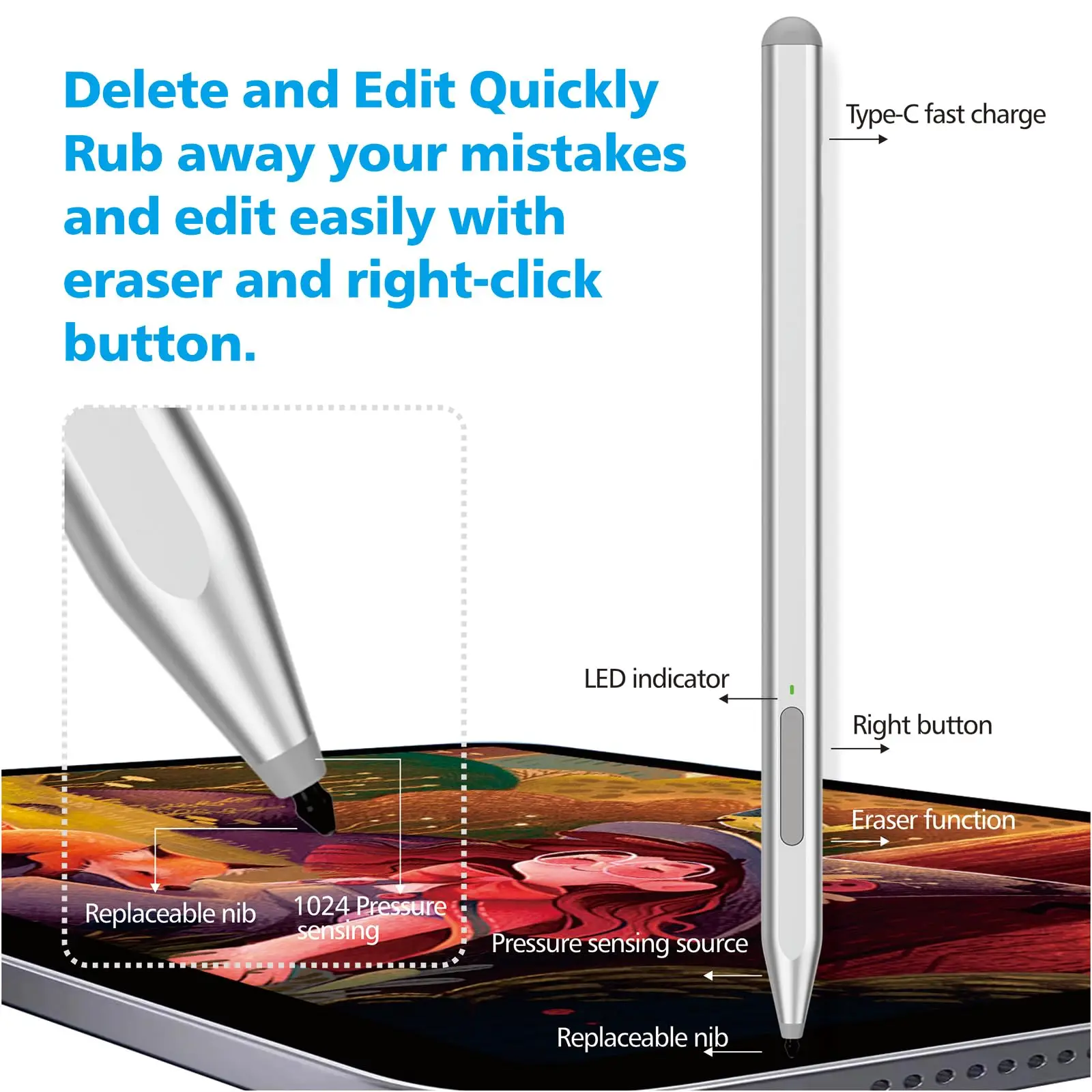 قلم ستايلس لجهاز Microsoft Surface Pro11/10/9/8/X/7+/6/5/4/3، Surface Go 4/3/2/1، Surface Laptop1-6/Studio/Book 3/2/1 مع ممحاة
