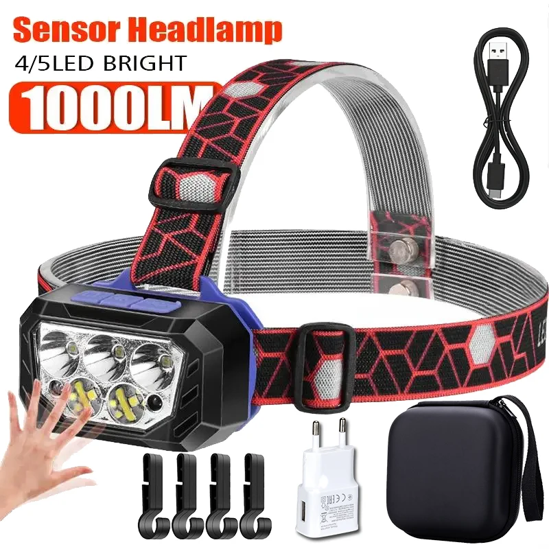 

USB Rechageable Motion Sensor Headlight 5 Led Strong Light Headlamp Portable Fishing Camping Outdoor Head Lamp Work Flashlight