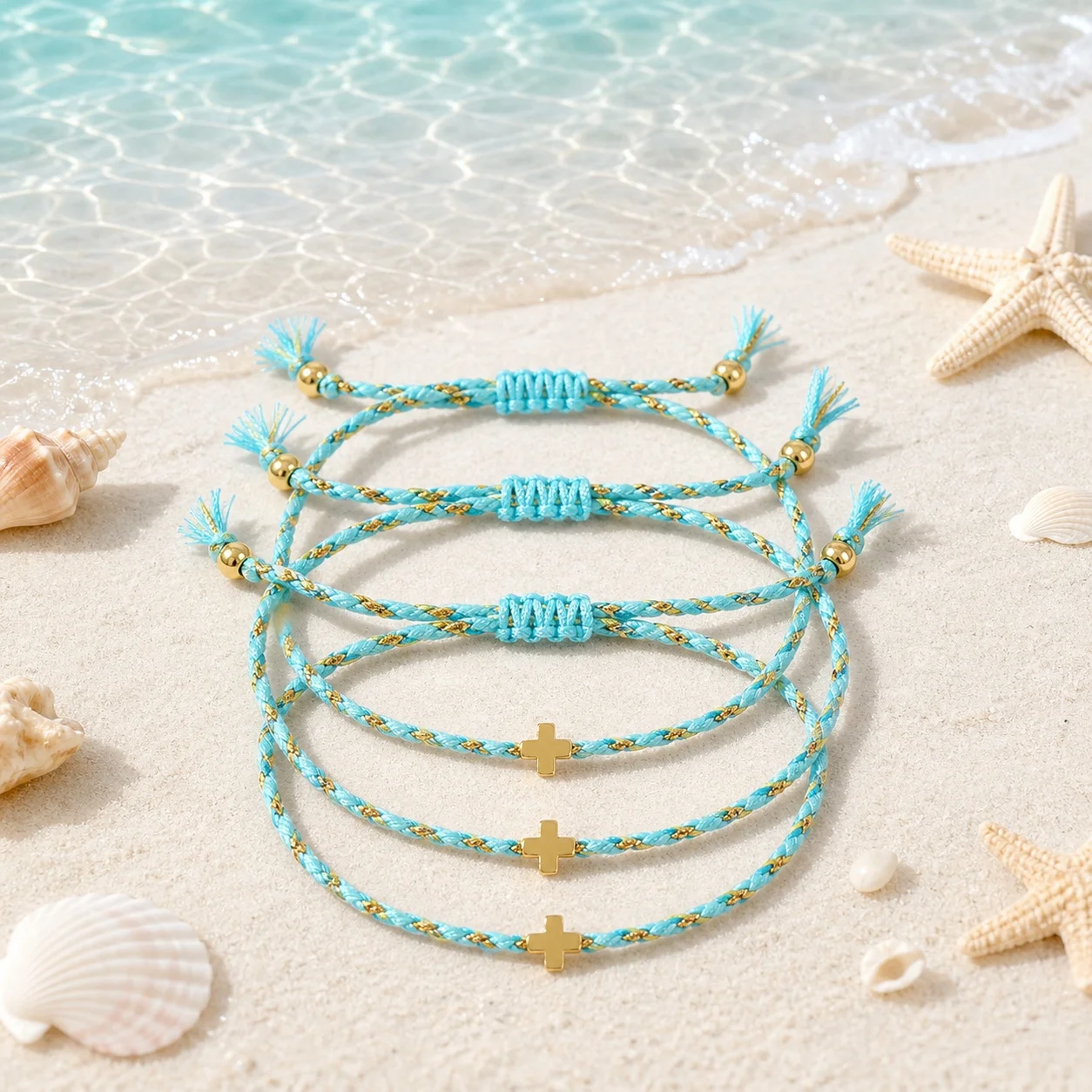 3pcs Turquoise Braided Cotton Cord Bracelet with Gold Tone Cross Charm Tie Closure Adjustable Christian Beach Style