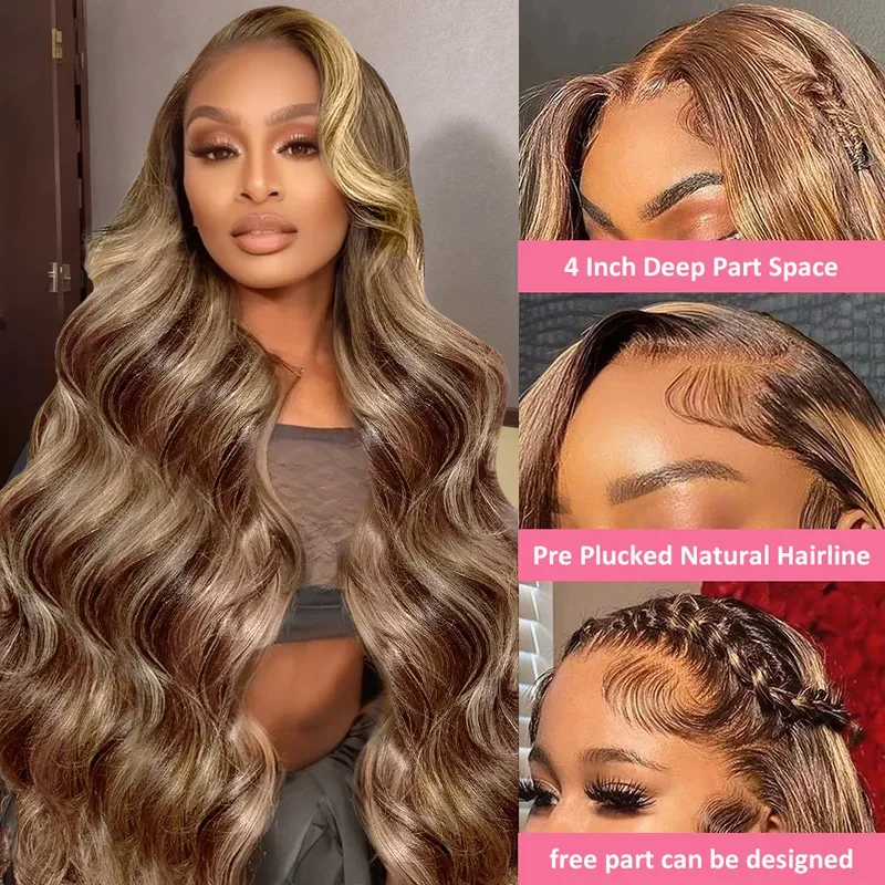 30 Inch Highlight Body Wave 13x6 HD Transparent Lace Frontal Wigs 250 Density Ombre Brown Colored 13x4 Lace Front Human Hair Wig