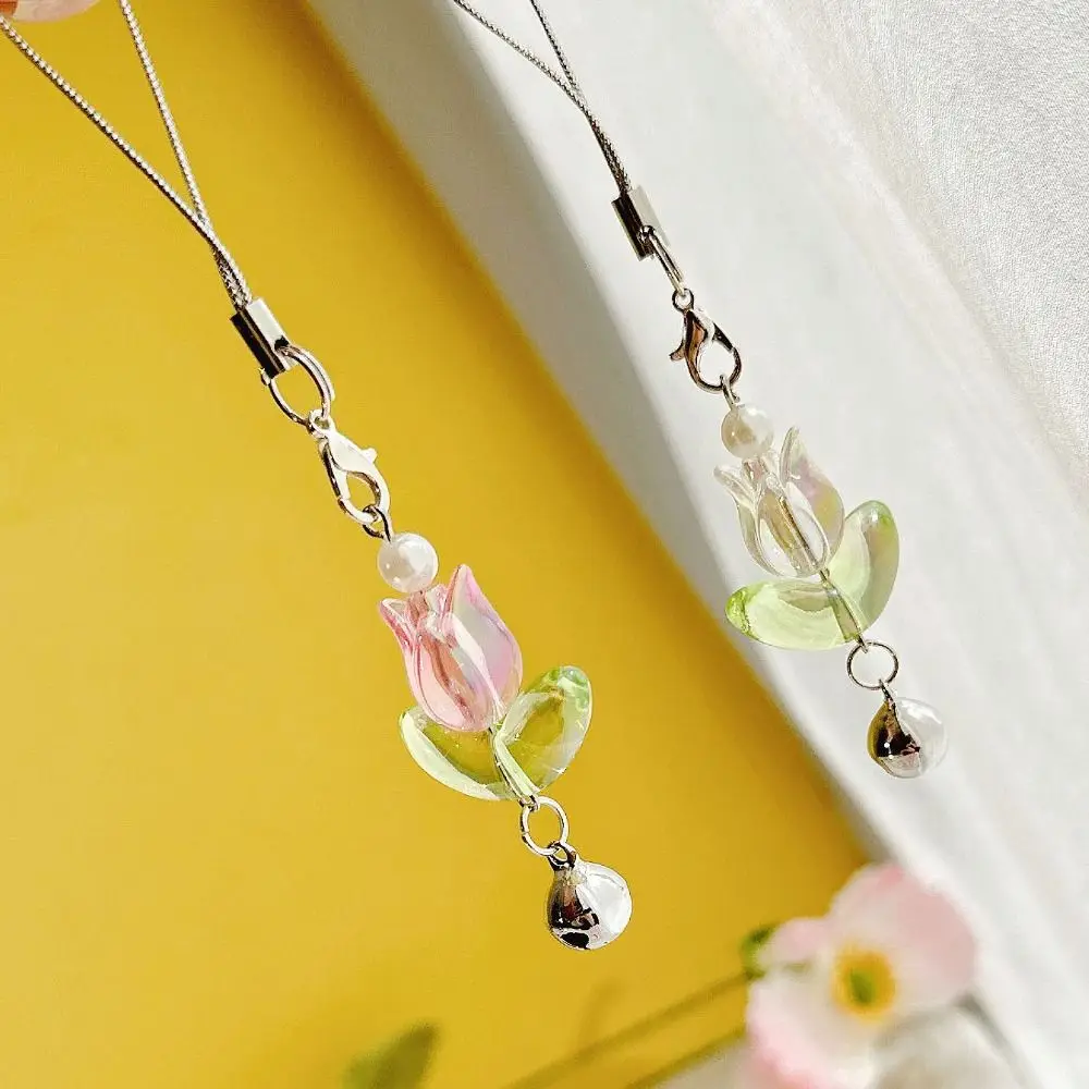 Cute Tulip Flowers Handmade Phone Charm Lanyards Strap For Girl Women Lovely Kawaii Keychain Bead Pendant Strap Lanyards