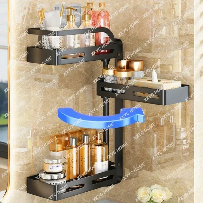 No Punch Shower Holder Rotating Open And Close Washing Stands Multi-layer Partition Bathroom Rack Strong Bearing Storage Shelves