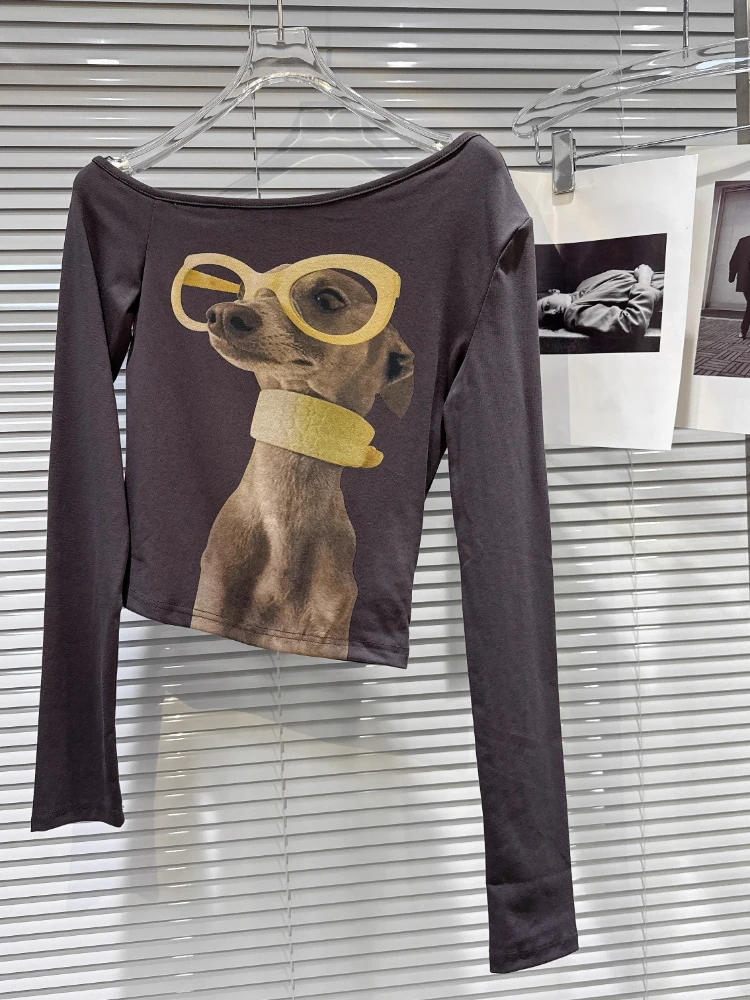 2025 nova camisa básica malha dos desenhos animados impressão cão topo feminino gótico punk camiseta e menina magro manga longa camisetas streetwear cyber y2k topos