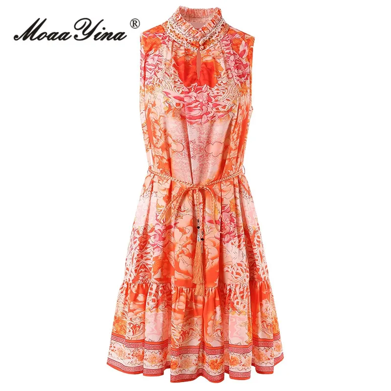 

MoaaYina Fashion Designer dress Summer Women Dress Stand Collar Crystal Sleeveless Belt Vintage Print Flounces Hem Loose Dresses