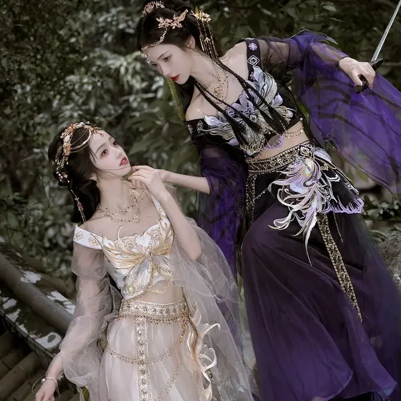 Chinese Hanfu Dress Women Traditional Embroidery Hanfu Carnival Halloween Fairy Cosplay Costume Purple&Beige Hanfu Costume