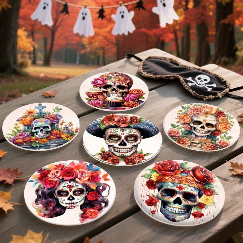 10CM Halloween Art Wooden Coasters Skull Flower Design Heat Resistant High Quality Home Parties Bars Home Decor Best Gift 2D
