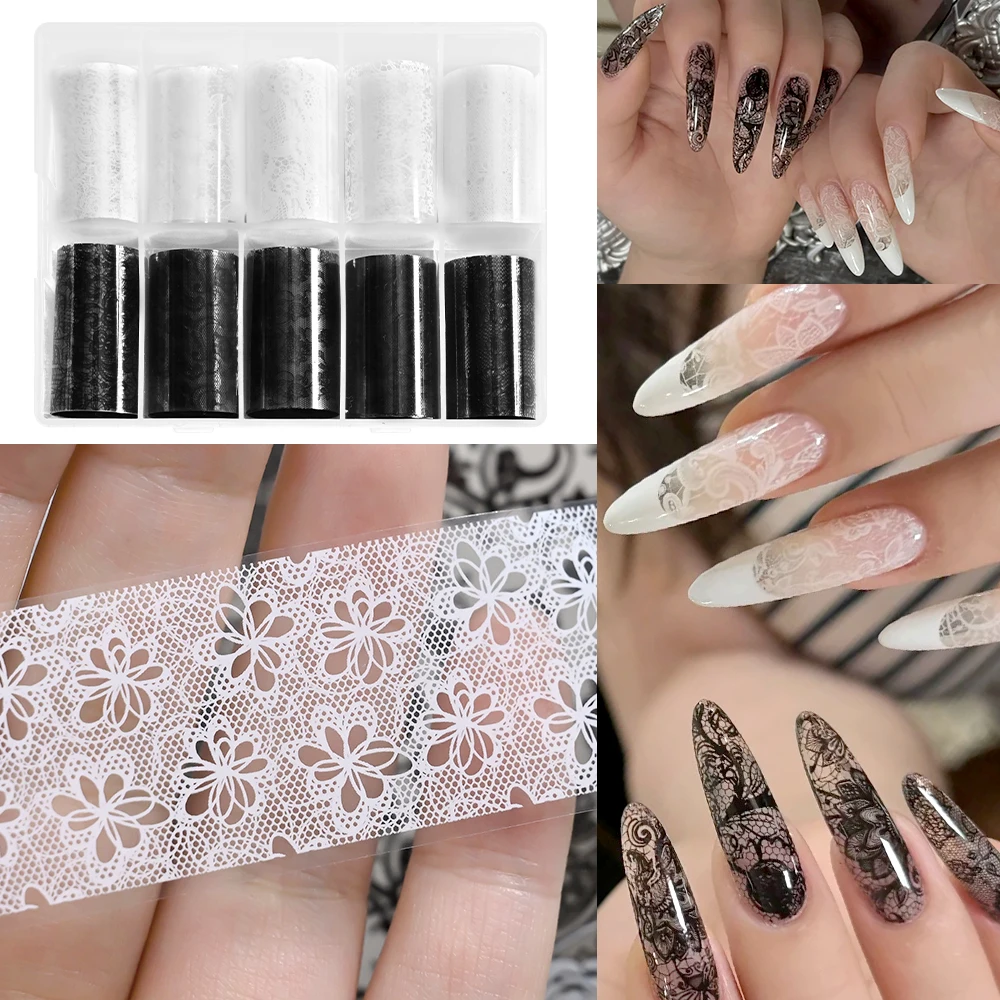 10Rolls/Box White+Black Lace Design Nail Transfer Foils Stickers 3D Mixed Sexy Lace Flower Pattern Nail Decals DIY Manicure Deco