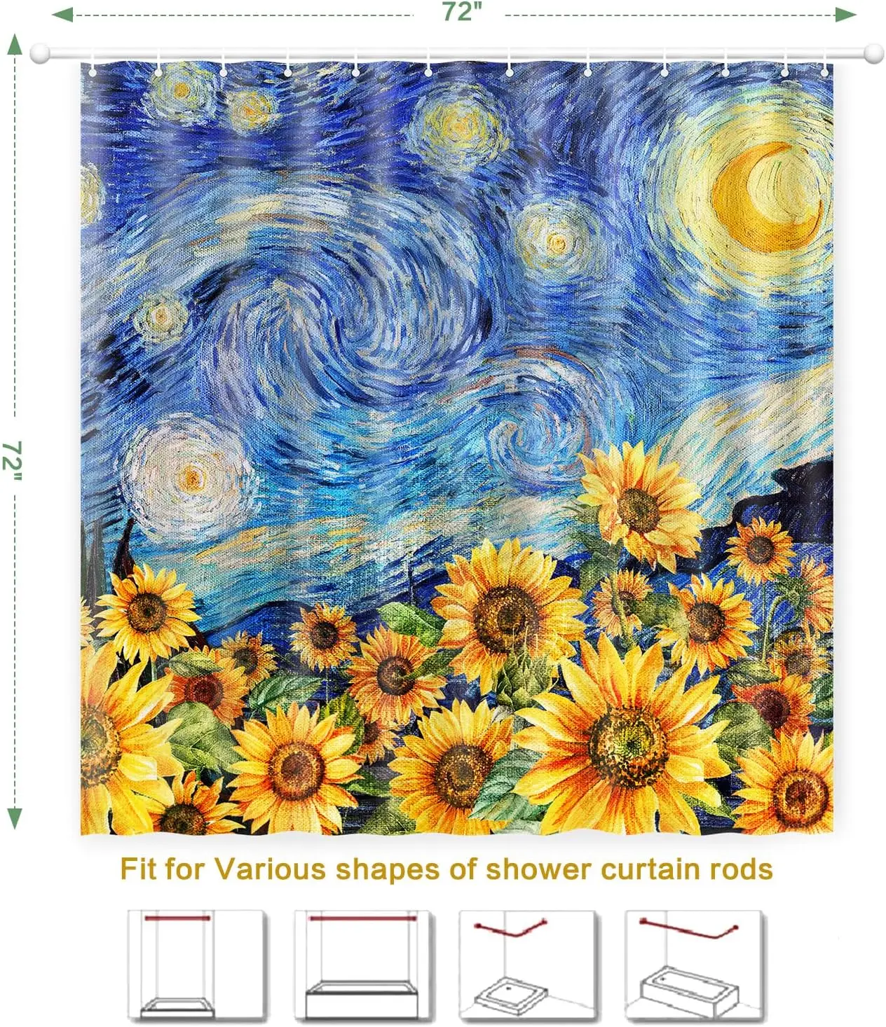 

Занавеска для душа «Звездная ночь», занавеска для душа с подсолнухами для ванной комнаты, комплект занавесок для душа с 12 крючками, водонепроницаемая полиэфирная ткань