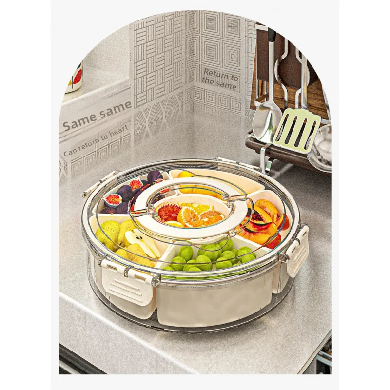 صينية فواكه دوارة بست نقاط بمقبض، صينية فواكه مجففة محكمة الغلق مقاومة للرطوبة، صندوق وجبات خفيفة دائري منزلي محمول مع لتر #3