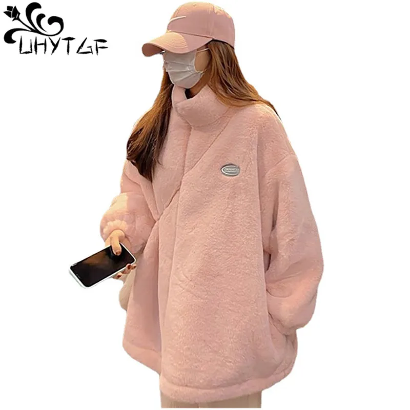 

UHYTGF Imitation Lamb Wool Autumn Winter Jacket Women Long Sleeve Zipper Casual Warm Coat Female Mid-Length Student Outewear 233