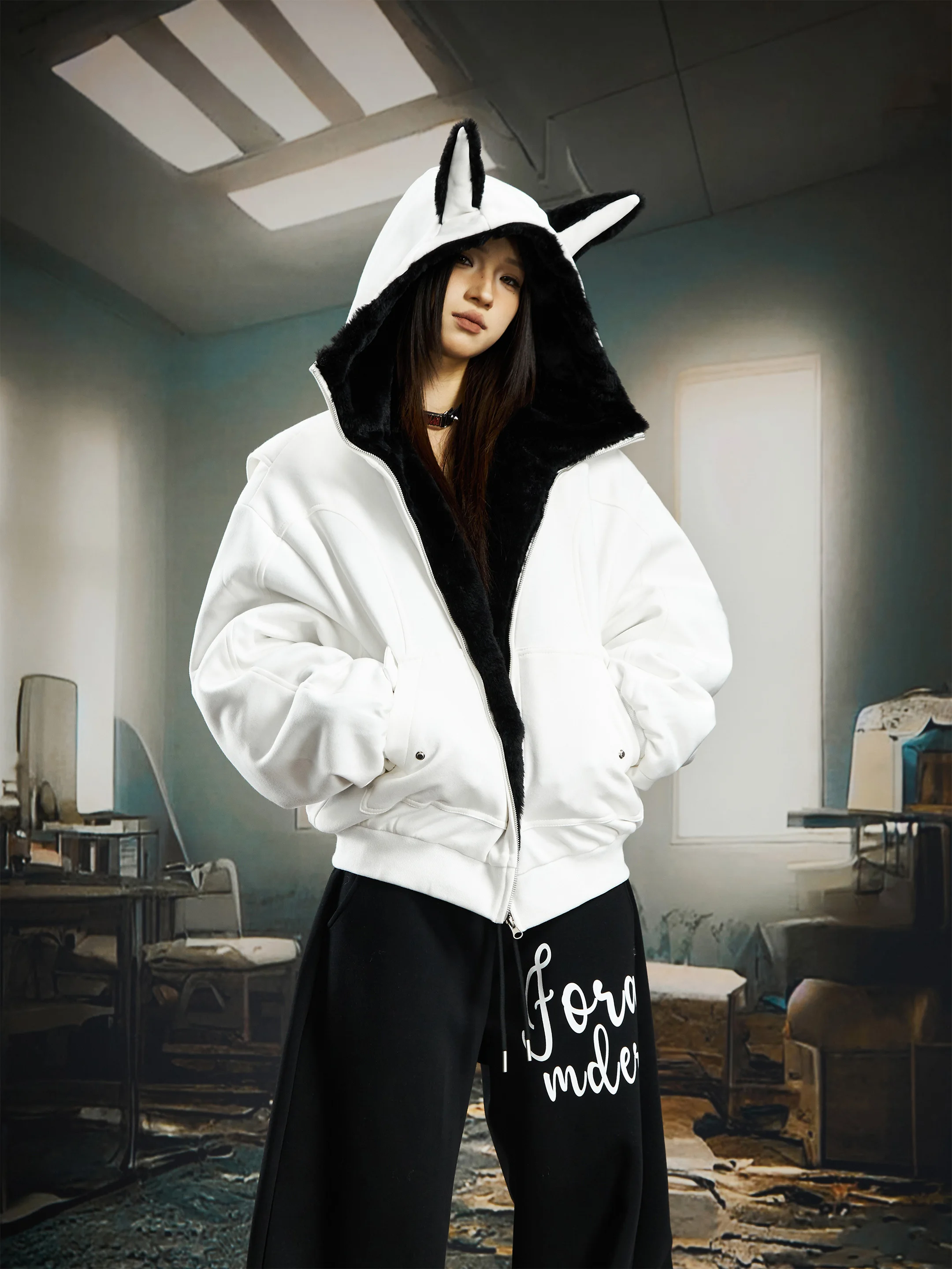 American Retro Cartoon Zipper Hoodie Winter Warm Thick Fashion Trendy Stylish Loose Casual Jacket for Men