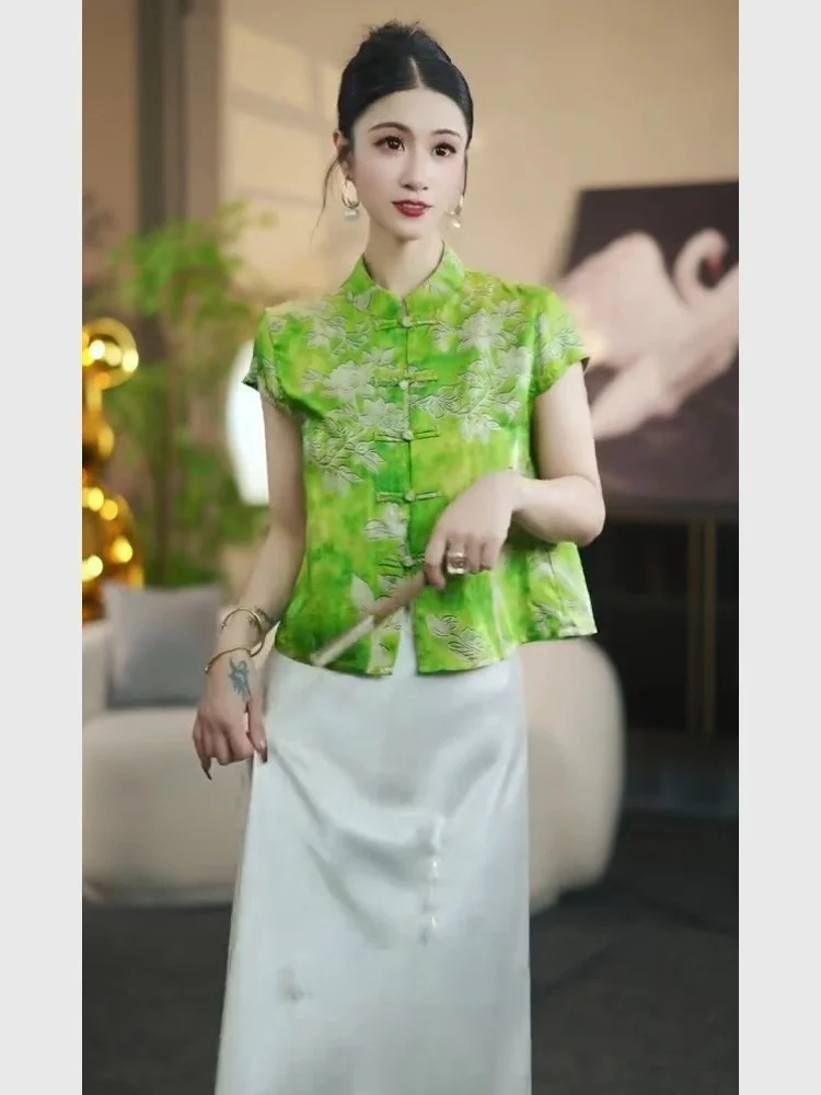 

Summer New Chinese Sle een Embroidered Satin ort Sve irt Unique Beautiful Small Top Improved Tang Costume Women's Top