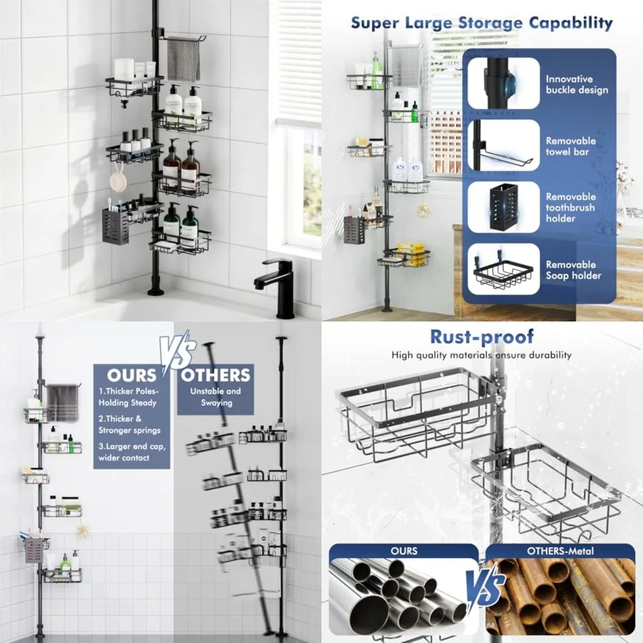 

Shower Caddy Organizer Tension Pole, Rustproof 6-Pack Corner Shelf with 30-120 Inch Adjustable Shower Rack for Inside Shower, E