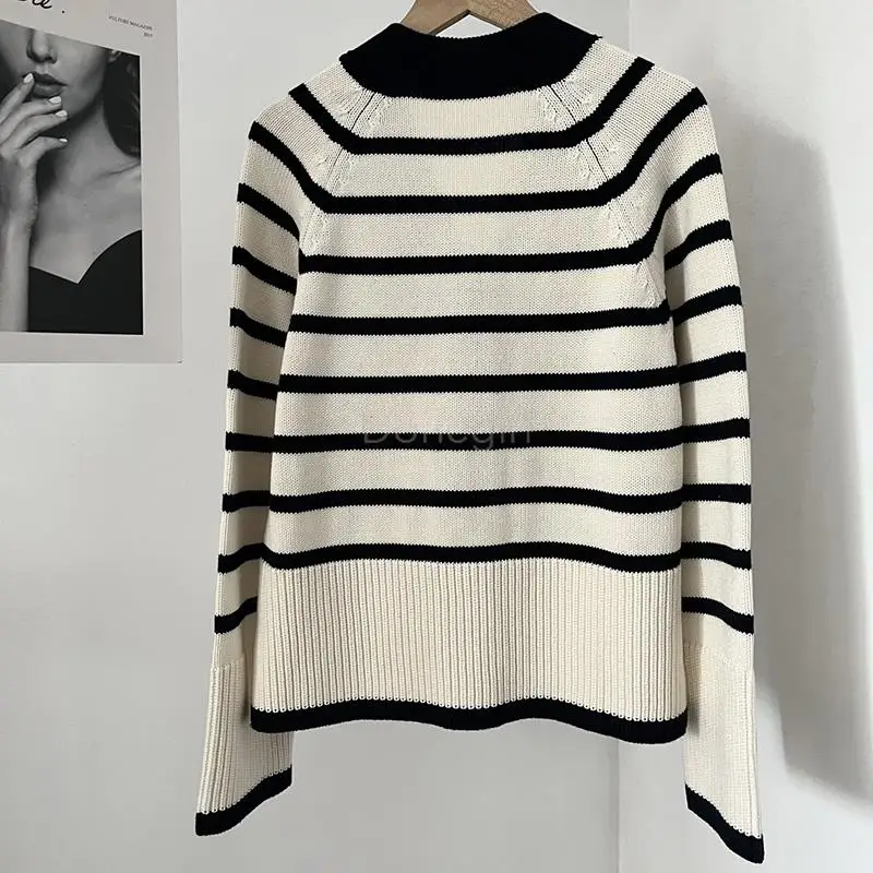 Donegirl 2023 Women Autumn New Single Row Button Loose Striped Knitted Sweater Causal Simple Cardigans Coat Female Tops Chic