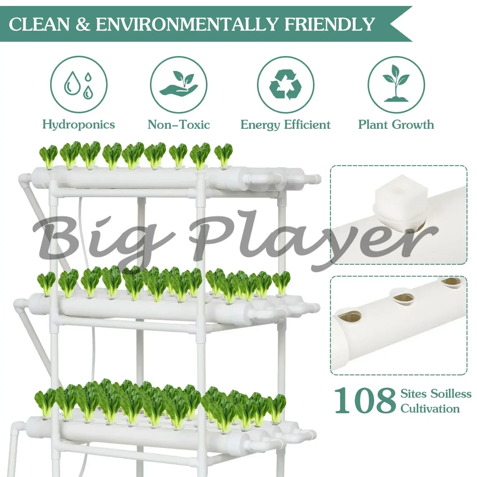 

Garden Vegetables Herbs Hydroponics Kit 3 Layer 108 Sites PVC Pipe Soilless Cultivation Growing System