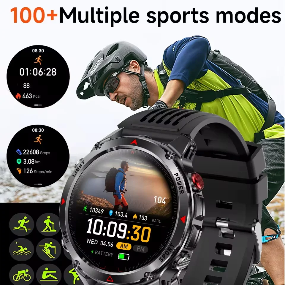 Militaire Outdoor GPS Positionering Smart Watch Heren HD AMOLED Scherm Kompas Hoogtemeter LED Zaklamp 3ATM Waterdicht HD Oproephorloge