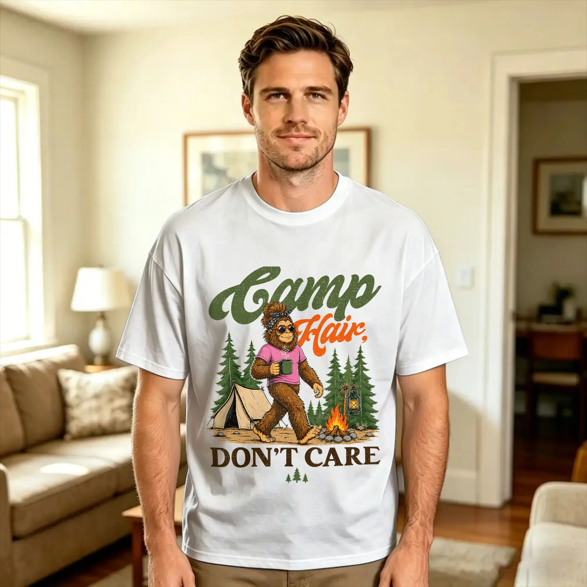 Vintage T-Shirt Camp Hair Don’t Care Messy Hair Big Foot Camping Cotton T-Shirts  Hipster Tee Shirt for Men's Summer Top Tees,