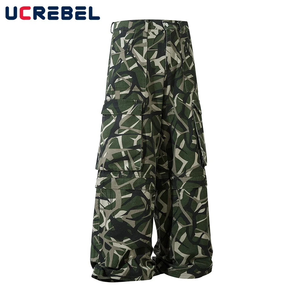 Camouflage Cargo Pants Mens Spliced Hip Hop Streetwear Loose Pocket Wide leg Zipper Fly Trousers Men