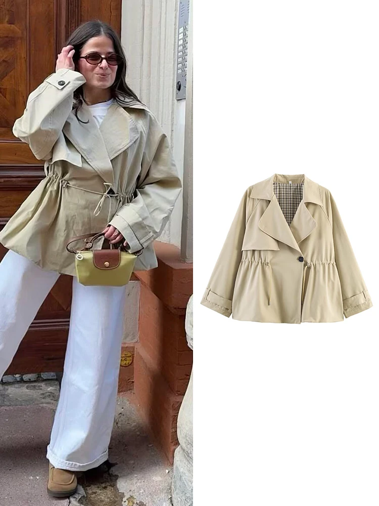 TFMLN Neue Damen-Windjacke mit Kordelzug, lockerer Schnitt, Knopfverschluss, lässiger Trenchcoat, einfarbig, für Frühling und Herbst, Street-Fashion Damenmantel