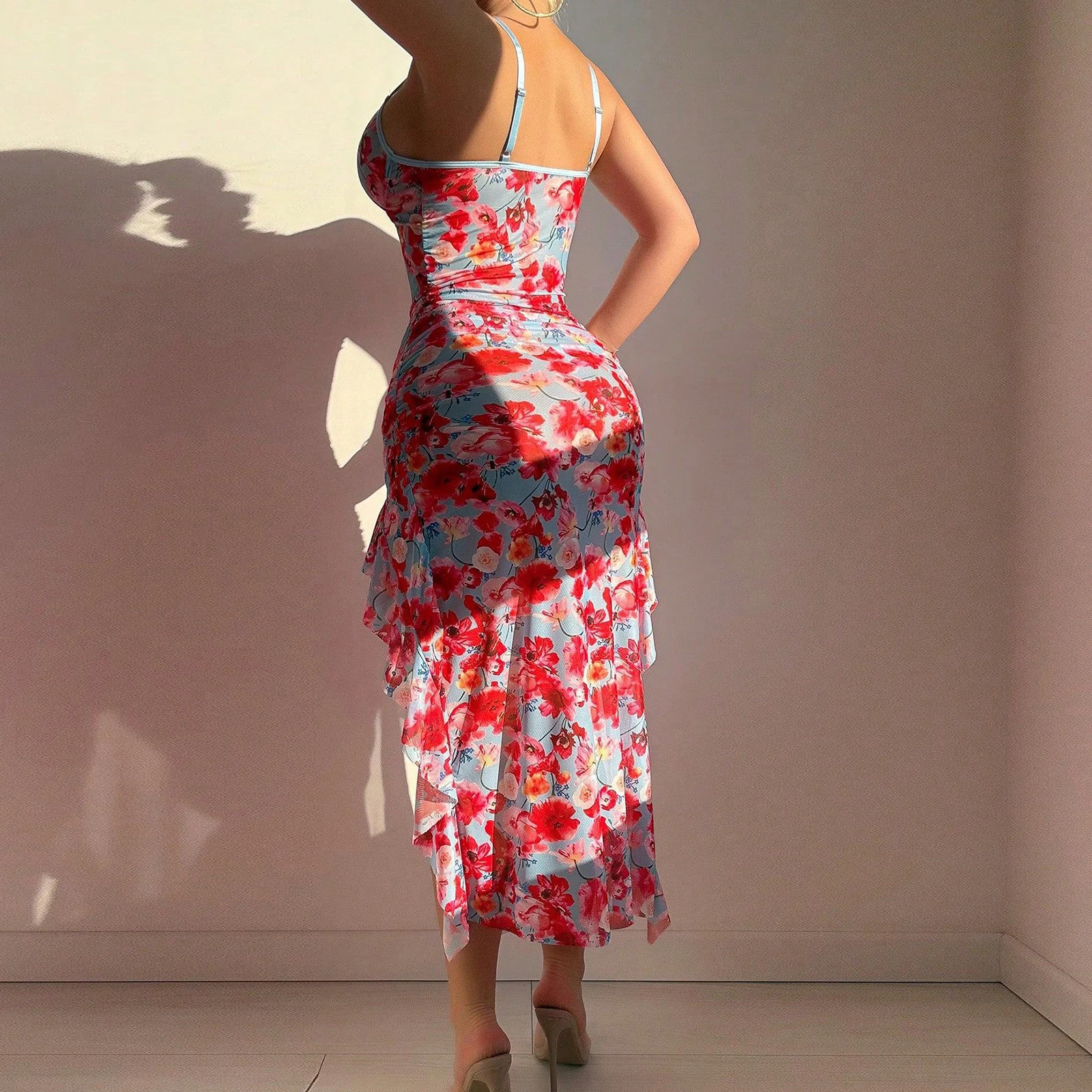 新しいファッションレディース花柄寝間着フリルスパゲッティストラップキャミミディドレスパジャマランジェリーシュミーズホット販売S-XL