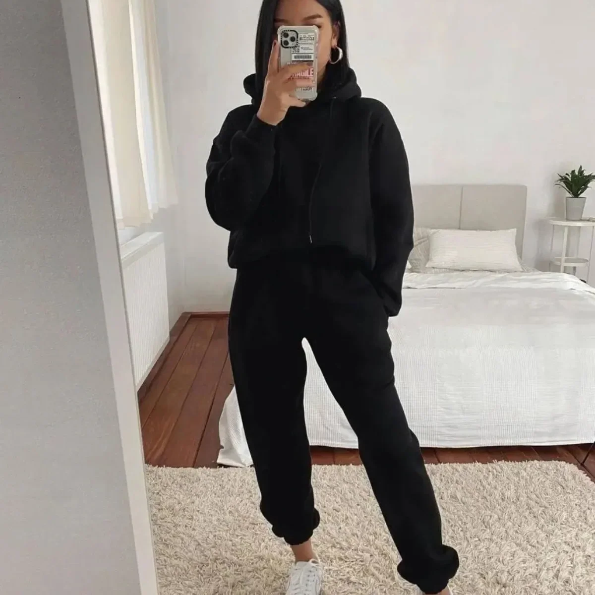 Women Tracksuit Sweatshirts Two Piece Sets Hooded Loose Matching Sets Splice Autumn Winter Elastic Waist Long Pants Set