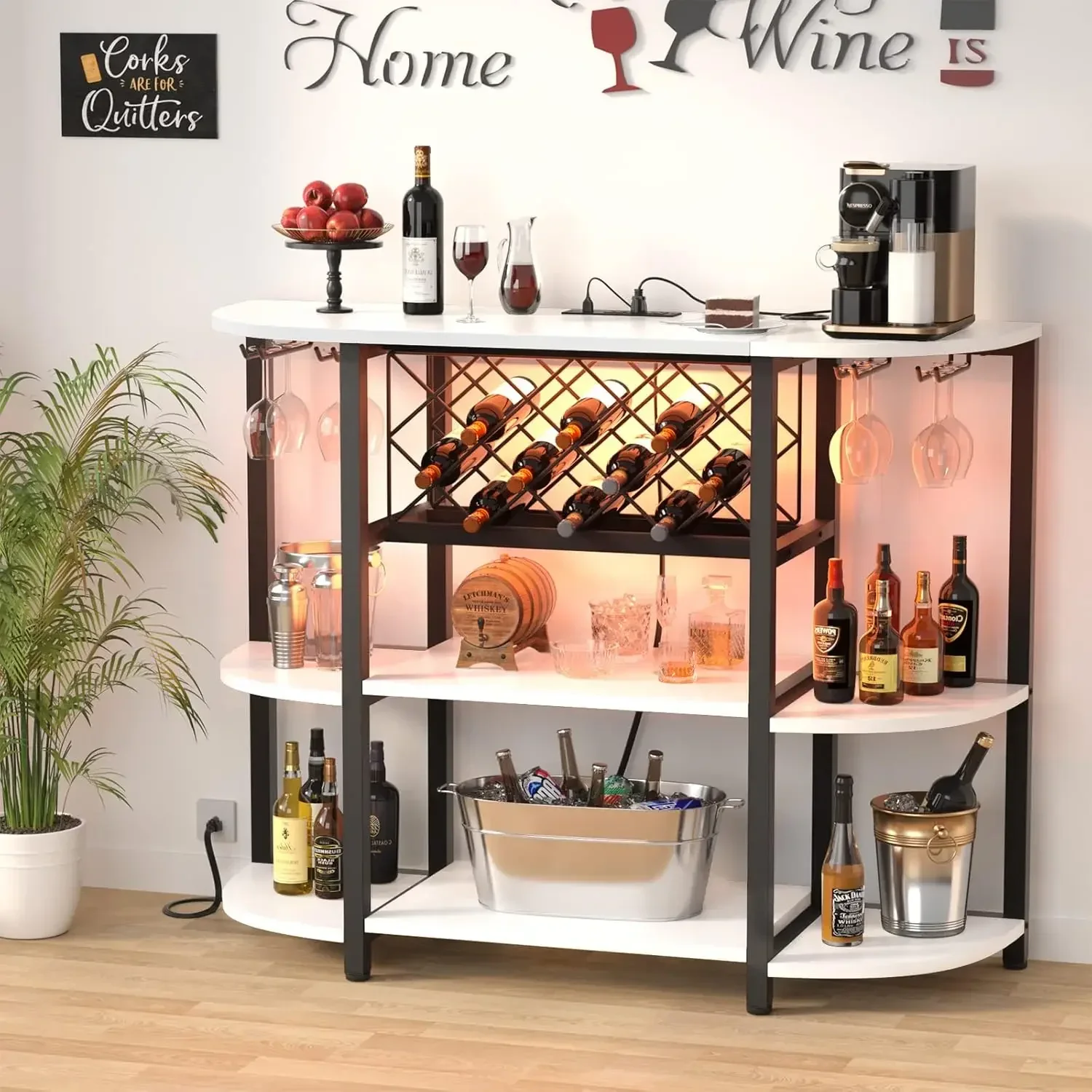 Gabinete de mesa de bar con estación de carga, mesa de estante de vino con luz LED y almacenamiento, gabinete de barra independiente para licor