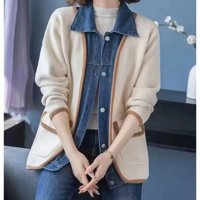 

Женская однобортная куртка из джинсовой ткани, приталенная джинсовая куртка с имитацией двух шерстяных нитей, корейский стиль, весна-осень 2023