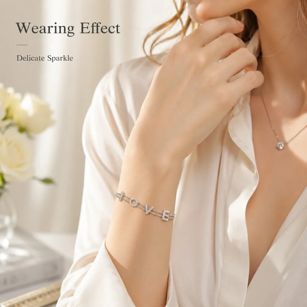S925 Sterling Silver Moissanite Bracelet 37 Stones LOVE Letter Double Chain for Women Anniversary Daily Wear Fine Jewelry Gift
